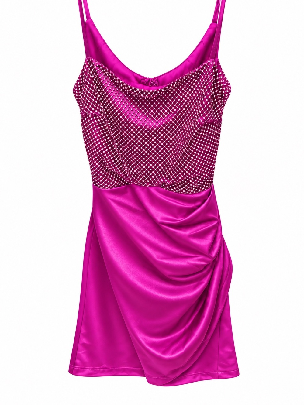 Women's Satin Dress with Rhinestone Mesh Bodice - Fuchsia